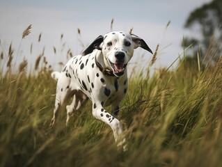AI generated illustration of a joyful dalmatian sprinting through a lush field on a sunny day