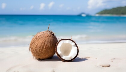 coconut on the beach. coconut on a sandy beach in tropical location during summertime. Sunshine and coconuts. Blue ocean