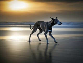 Obraz na płótnie Canvas AI generated illustration of a beautiful adorable gray hound dog running around on a beach at sunset