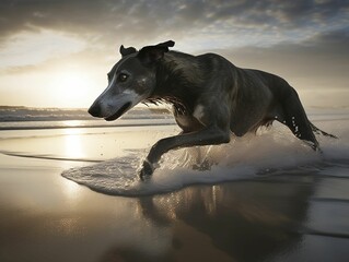 AI generated illustration of a beautiful adorable gray hound dog running around on a beach at sunset