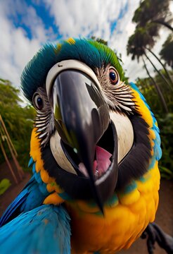 An AI generated illustration of a parrot taking a selfie mid flight