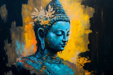 AI generated illustration of A canvas painting depicting a seated Buddha