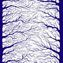 Hand drawn pattern of tree branches and tree trunk. Dark blue silhouette