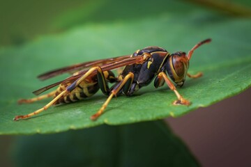 Wasp perched atop a lush green foliage, with its slender legs delicately placed on the surface