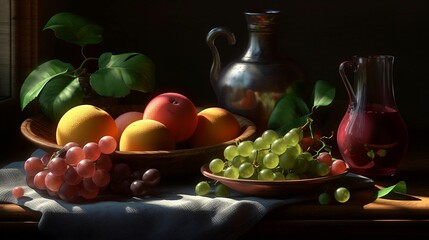 AI generated illustration of a wooden table adorned with a variety of colorful and vibrant fruits