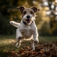 AI generated illustration of a brown and white dog running joyfully through a sun-dappled forest - obrazy, fototapety, plakaty