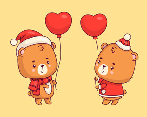 Cute bears with balloon. Romantic teddy bear boy and girl in winter clothes. Isolated festive enamored animals kawaii character. Vector illustration. Kids collection.