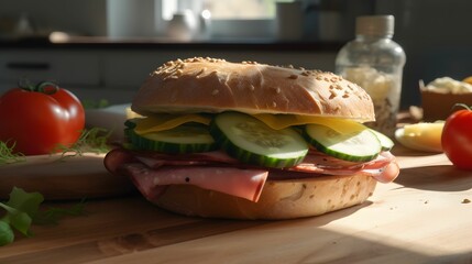 AI generated illustration of a freshly prepared sandwich with ham, cheese, and cucumber slices