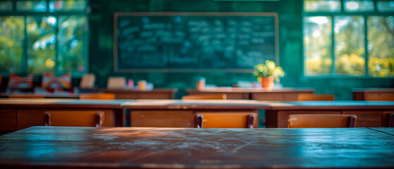 Nice classroom image with chalkboard and tables with empty space for text. Back to school concept. 
