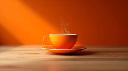 Nice orange cup over beautiful orange background. Coffee or tea with smoke. - Powered by Adobe