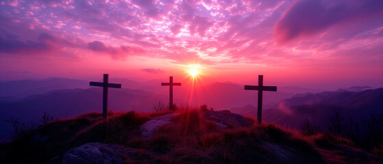 Crucifixion and Resurrection of Jesus at sunset. Three wooden crosses against beautiful sunset in the mountains. Catholicism symbols. Easter concept. - obrazy, fototapety, plakaty