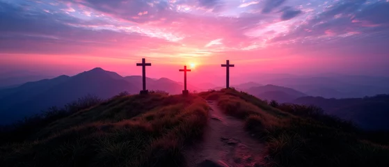 Foto op Plexiglas Crucifixion and Resurrection of Jesus at sunset. Three wooden crosses against beautiful sunset in the mountains. Catholicism symbols. Easter concept. © Elena Uve