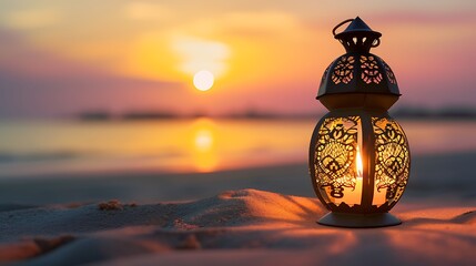 Ramadan Kareem, Arabic lantern with burning candle on sand beach with blurry sunset sky background
