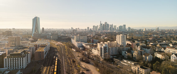 Panorama of Frankfurt am main seen from the Freight depot frankfurt ost in the evening