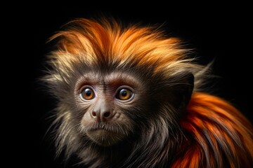 Obraz premium the face of a golden monkey with blue eyes against a black background