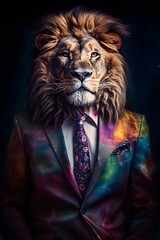 AI generated illustration of a majestic lion wearing a tailored suit and a vibrant tie - obrazy, fototapety, plakaty