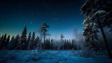 AI generated illustration of a stunning view of the stars illuminating the night sky in snowy forest
