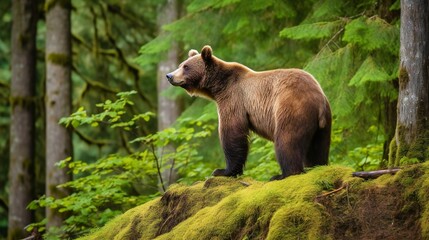 AI generated illustration of a beautiful brown bear stands atop a lush green hill covered in moss