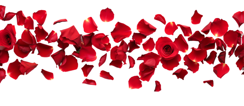 strip of scattered red rose petals, isolated on transparent background