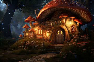 "Twilight Enchantment in the Woods: Illuminated Mushroom Fantasy Cottage with Cobblestone Pathway, Whimsical Nighttime Garden Scenery, Magical Hideaway Home in a Mystical Forest Wallpaper"