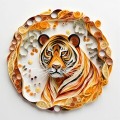 AI generated illustration of a quilling paper craft in vibrant colors displaying a tiger