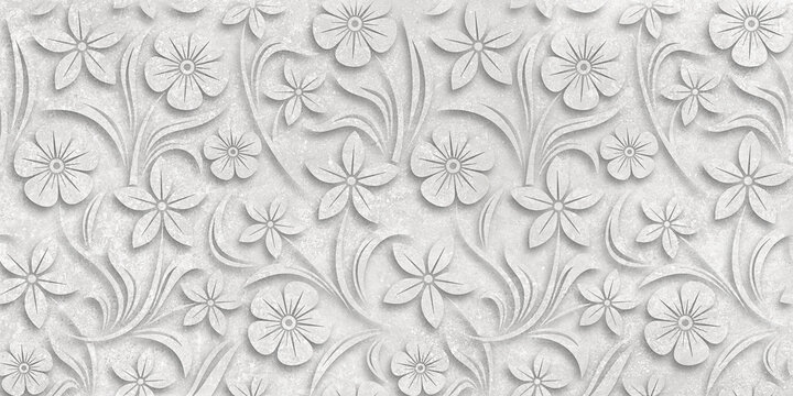 Embossed grey floral seamless pattern with marble background, geometric repetitive flower pattern, ceramic high-lighter endless design