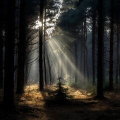 AI generated illustration of a forest with dense trees illuminated by natural sunlight