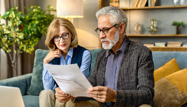 Senior Couple Reading A Letter; Elderly Couple Reading A Bill Sitting On The Sofa 