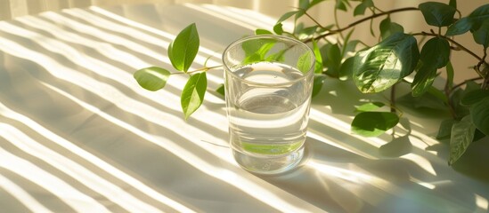 A glass filled with liquid, specifically water, is placed on a table next to a terrestrial plant.