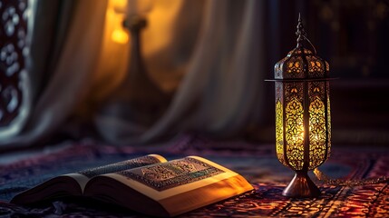 Ramadan Kareem decorations, Traditional Lantern with Quran, Ramadan Greeting Background