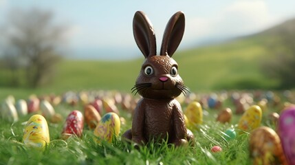 AI generated illustration of a chocolate bunny surrounded by Easter eggs in the field