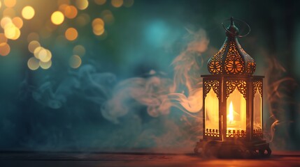 Ramadan Kareem greeting card design. Arabic Lantern glowing at night on table with smoke. - obrazy, fototapety, plakaty