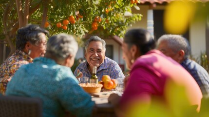 Cheerful senior hispanic or latino elderly retired people neighborhood gathering outdoors talking and smiling together - obrazy, fototapety, plakaty