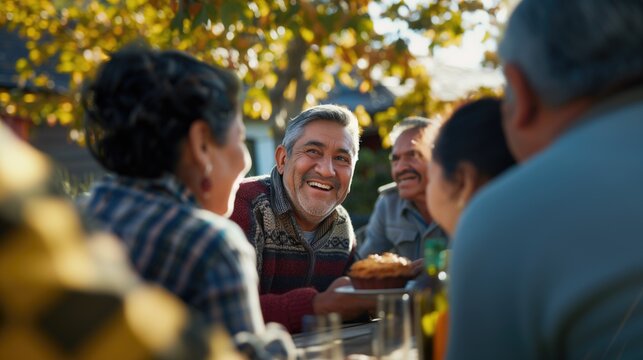 Cheerful senior hispanic or latino elderly retired people neighborhood gathering outdoors talking and smiling together