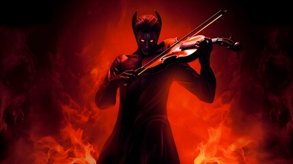 AI generated illustration of a musician playing a violin illuminated by a fiery backdrop