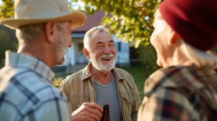Cheerful senior caucasian elderly retired people neighborhood gathering outdoors talking and smiling together