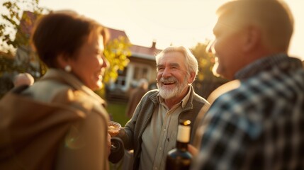 Cheerful senior caucasian elderly retired people neighborhood gathering outdoors talking and smiling together - obrazy, fototapety, plakaty
