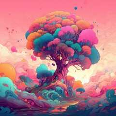 AI generated illustration of a lush landscape with a river surrounded by colorful trees