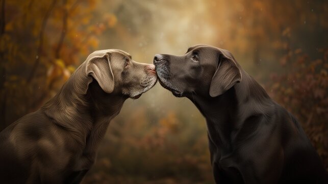 two dogs are pictured facing each other, one of them looking up at the viewer
