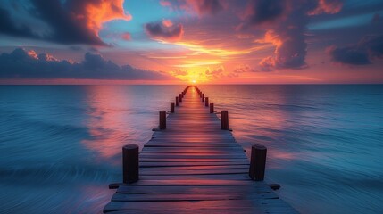 sunset on the ocean with a long dock leading into the water