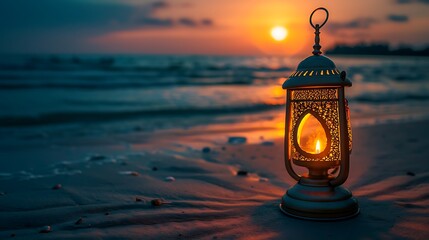 Ramadan Lamp on a beach with crescent moon shape during sunset - obrazy, fototapety, plakaty