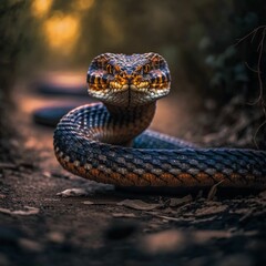 Fototapeta premium AI generated illustration of a snake slithering along a forest trail