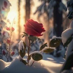 AI generated illustration of a vibrant red rose in stark contrast against a crisp winter setting