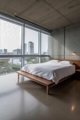 a bedroom in a modern apartment with a beautiful view to the city