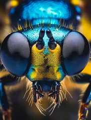 Foto op Plexiglas AI generated illustration of Close-up of the head of a small insect with two vibrant blue eyes © Wirestock