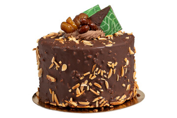 Pistachio birthday cake. Chocolate and pistachio cake isolated on white background.
