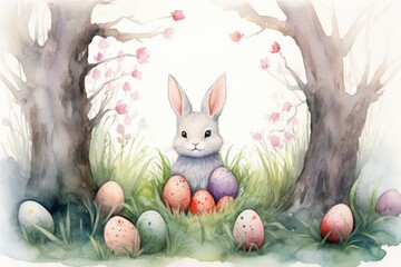 A whimsical, light watercolor illustration of an Easter egg hunt, with a shy Easter bunny hiding behind one of the pastel-colored eggs 