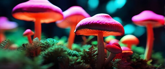 Ethereal Mycology: A Neon-Bathed Closeup of Luminescent Mushrooms