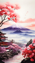 Mount Fuji's First Light: A Sumi-e Dawn with Plum Blossoms