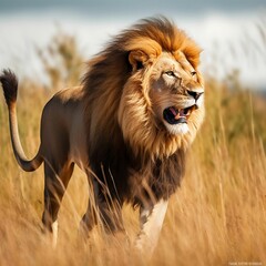 AI generated illustration of A majestic lion standing proudly in a vast expanse of tall grass